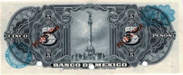 El reverso del billete de 5 pesos del Banco de México de 1925