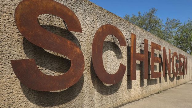The rusting Schengen sign at the dock where the 1985 European Schengen Agreement was signed on May 11, 2016 in Schengen, Luxembourg