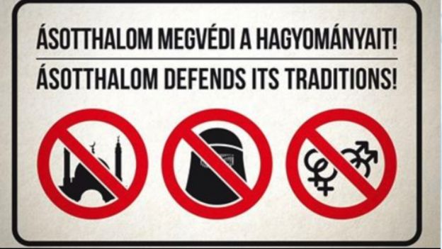Sign in Asotthalom showing that mosques and Muslim veils are banned