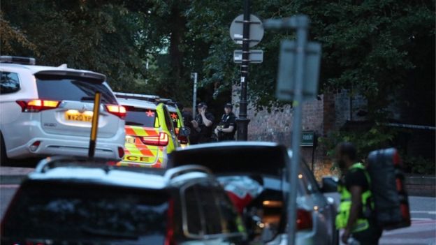 Emergency services vehicles outside Forbury Gardens