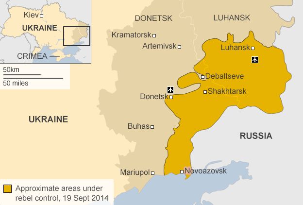 Map showing the battle lines in eastern Ukraine 19 September 2014