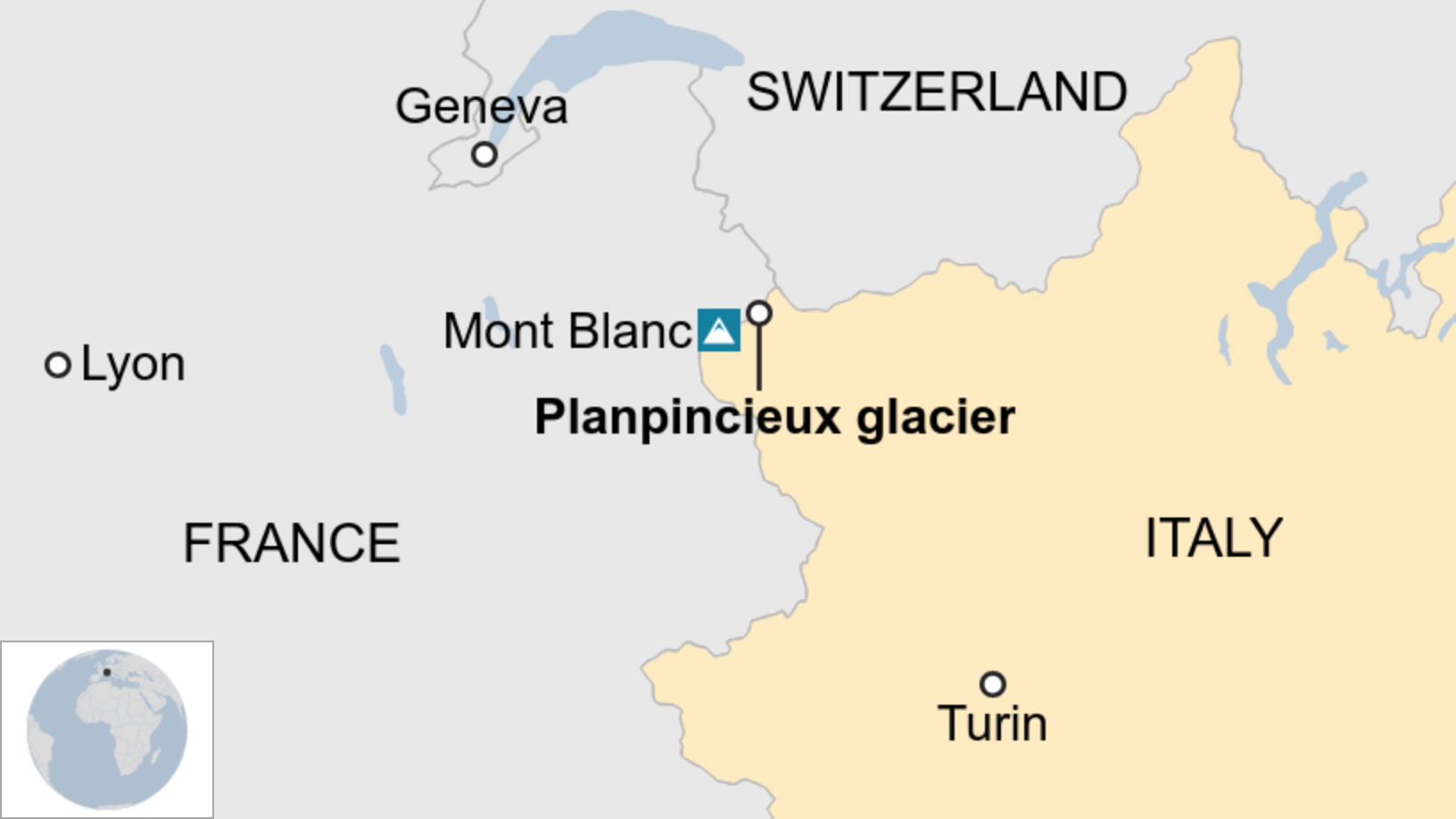 The location of the Planpincieux glacier on the Grandes Jorasses peak, Mont Blanc