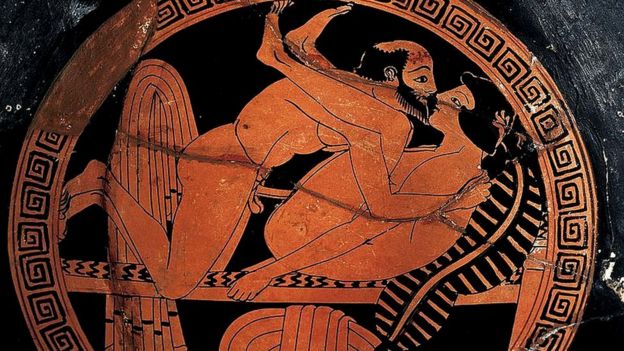 Dibujo erótico en cerámica griega del siglo VI a.C.