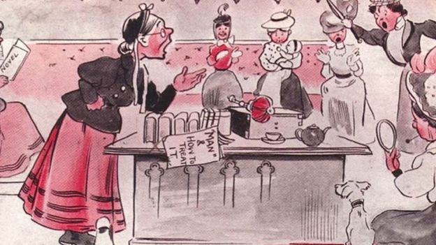 Postcard showing women arguing in the House of Commons