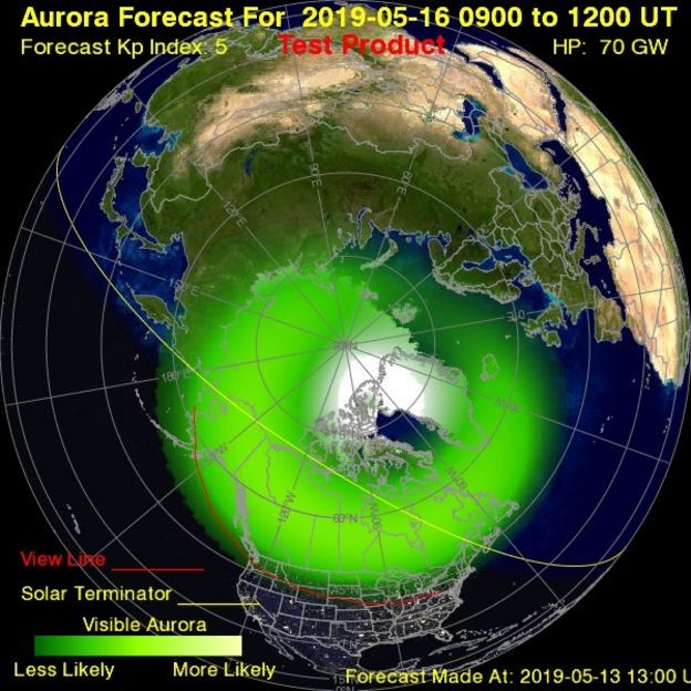 Pronóstico de auroras boreales para el 16 de mayo, realizado por la Administración Nacional Oceánica y Atmosférica: el Centro de Predicción del Clima Espacial