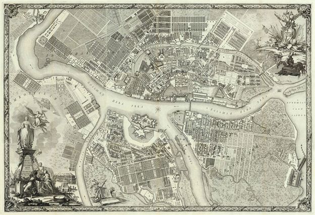 Mapa de San Petersburgo 50 años después de ser fundada por el zar Pedro el Grande en 1703.