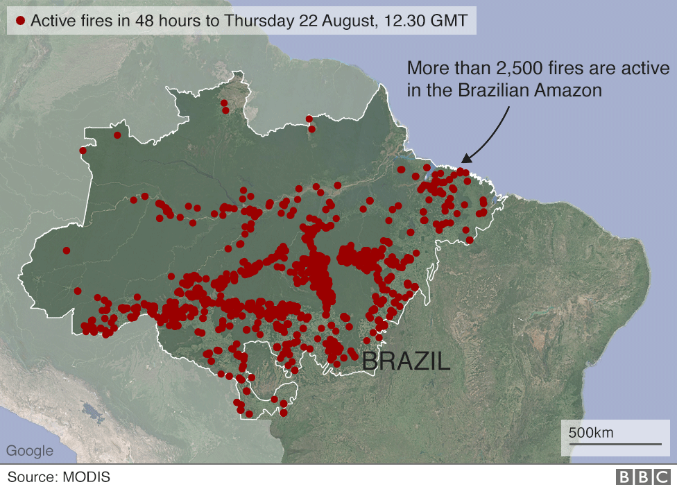 Mapa mostrando incêndios ativos na Amazônia brasileira