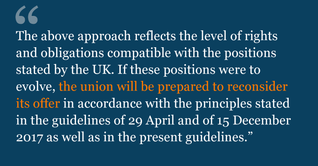 Text from guidelines saying: The above approach reflects the level of rights and obligations compatible with the positions stated by the UK. If these positions were to evolve, the Union will be prepared to reconsider its offer in accordance with the principles stated in the guidelines of 29 April and of 15 December 2017 as well as in the present guidelines.