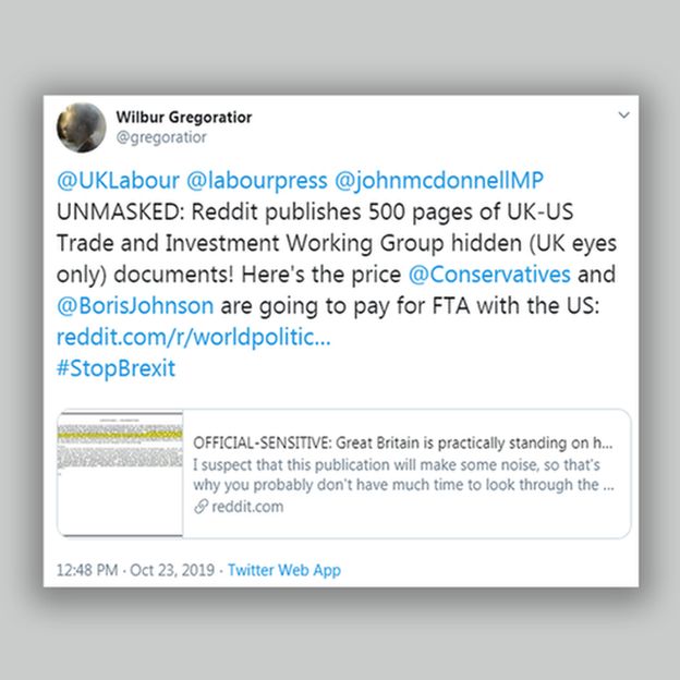 Tweet from @gregoratior: "UNMASKED: Reddit publishes 500 pages of UK-US Trade and Investment Working Group hidden (UK eyes only) documents! Here's the price @Conservatives and Boris Johnson are going to pay for FTA with the US" Plus a link to Reddit.