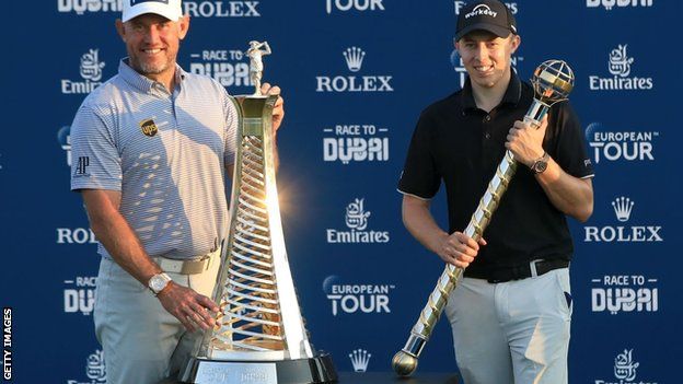 Lee Westwood (left) with his Race to Dubai trophy and Matt Fitzpatrick with his DP World Tour Championship trophy in 2020