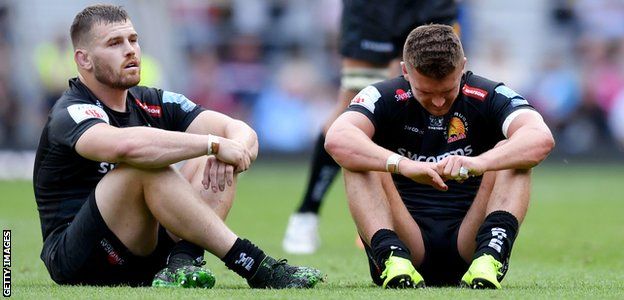 Exeter pair Luke Cowan-Dickie and Henry Slade react to June's Premiership defeat by Saracens