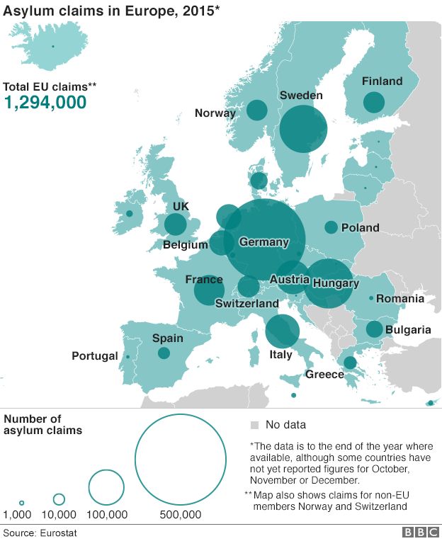 Asylum claims in Europe, 2015 - map