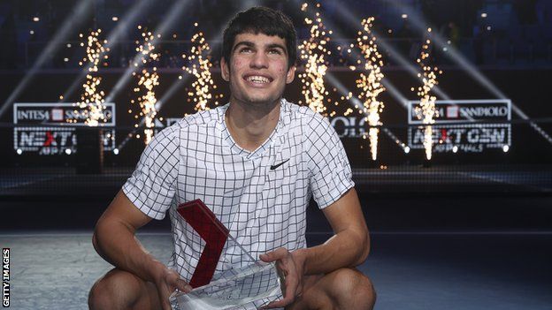 Carlos Alcaraz celebrates winning the 2021 ATP Next Gen Finals