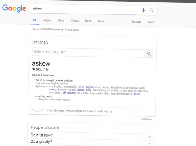 Google front page appears askew when you google the word "askew"