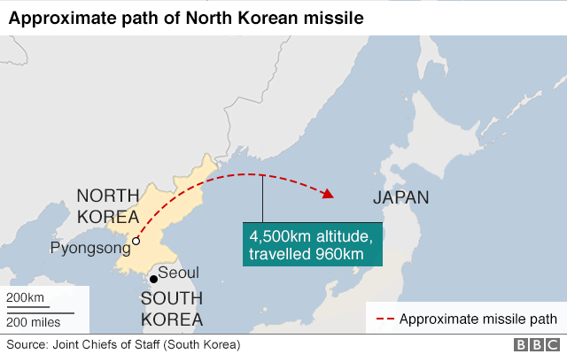 Map of North Korean missile fired on 29 November 2017