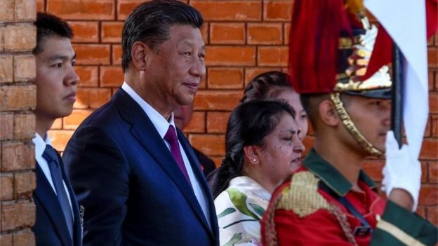 China's President Xi Jinping and Nepal"'s President Bidhya Devi Bhandari arrive at Tribhuvan International Airport, as Xi is about to leave, wrapping up his two-day visit to Nepal, in Kathmandu October 13, 2019.