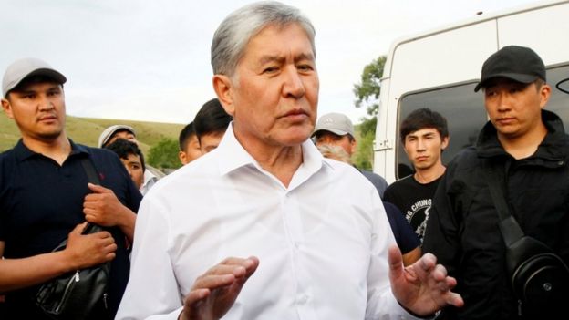 Kyrgyz former President Almazbek Atambayev talks to journalists in the village of Koi-Tash near Bishkek, Kyrgyzstan June 27, 2019