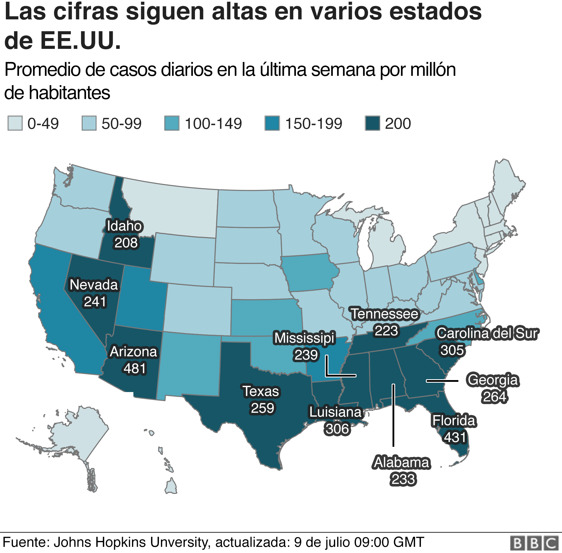 Mapa con el número de casos por estado