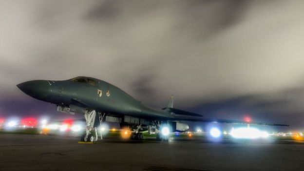 A US Air Force B-1B Lancer bomber sits on the runway at Andersen Air Force Base, Guam July 18, 2017