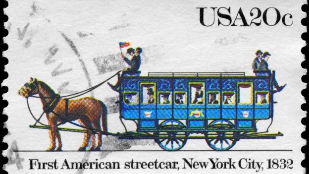 El primer tranvía estadounidense en Nueva York, 1832.