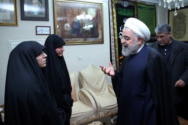 Iranian President Hassan Rouhani meets members of the Soleimani family in Tehran, 4 January