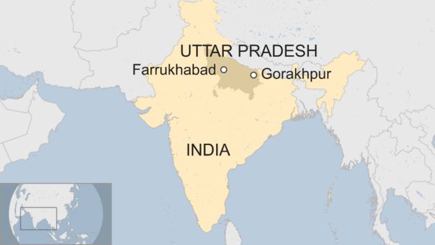 A map showing Farrukhabad and Gorakhpur within the state of Uttar Pradesh in India