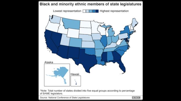 Map showing the percentage of legislators from minority groups in every US state