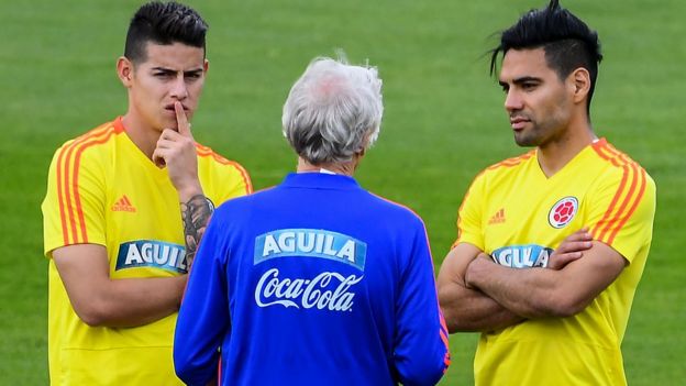 James Rodríguez, José Pékerman y Radamel Falcao