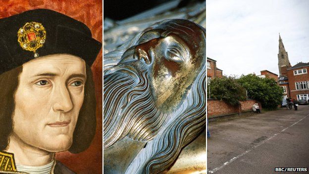 (l to r) Portrait of Richard III; tomb of Edward III; Greyfriars car park Leicester