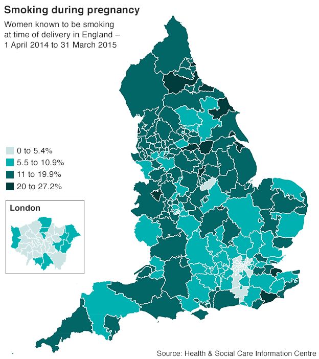 Map showing breakdown of where women are smoking at the time of delivery - 16 October 2015