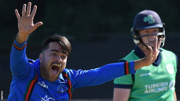 Rashid Khan claims for a dismissal against Kevin O'Brien in a game between Ireland and Afghanistan in 2018