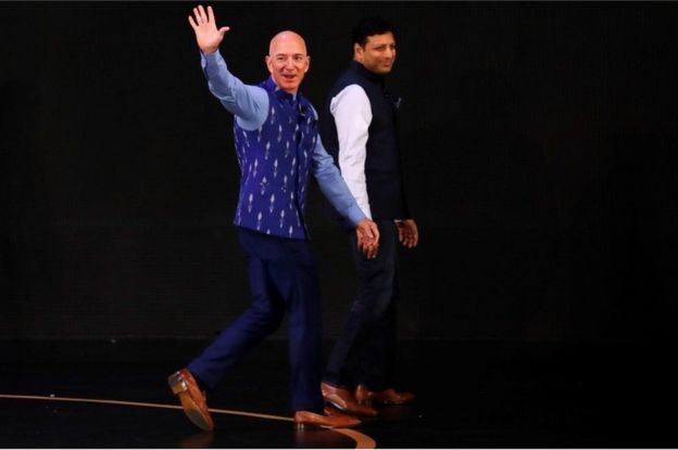 Jeff Bezos, founder of Amazon, attends a company event in New Delhi, India, January 15, 2020