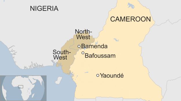 A map of Cameroon showing the locations of YaoundÃ©, Bamenda and Bafoussam