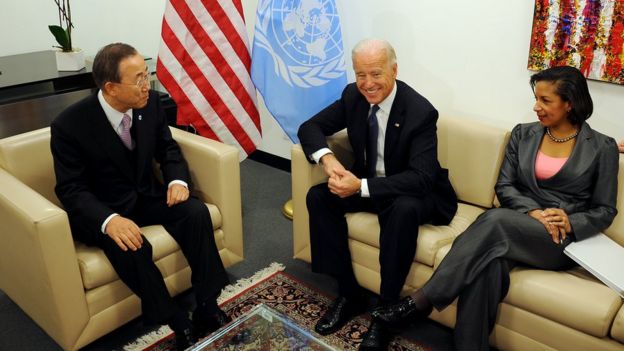 Susan Rice, shown sitting with Joe Biden and UN Secretary General Ban Ki-moon in 2010, worked with Mr Biden at the White House