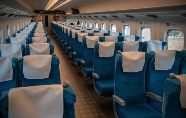 A shinkansen bullet train carriage is almost completely empty on April 22, 2020 in Yokohama, Japan