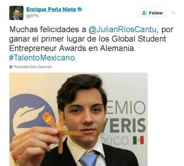 Rais wa Mexico alimpongeza Julian kwa kushinda tuzo la wanafunzi wafanyibiashara