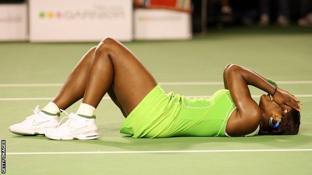 Serena Williams falls flat on her back in celebration after winning the 2007 Australian Open
