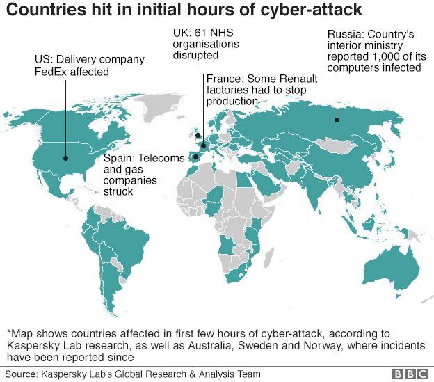 Map of areas hit by the cyber attack