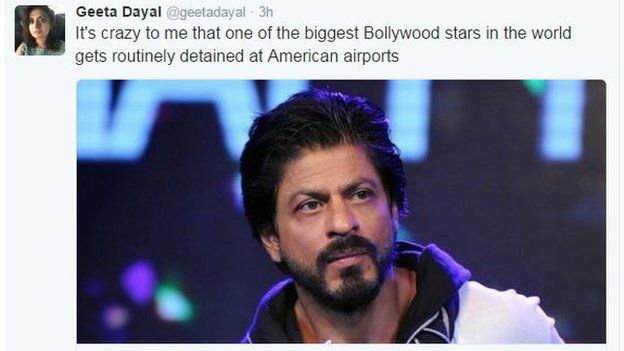 Tweet by Indian arts journalist Geeta Dayal: "It's crazy to me that one of the biggest Bollywood stars in the world gets routinely detained at American airports"
