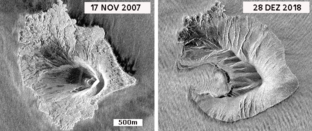 à esq. foto de satélite em 17 de novembro de 2007 e à dir. foto em 28 de dezembro de 2018, 6 dias após a tragédia