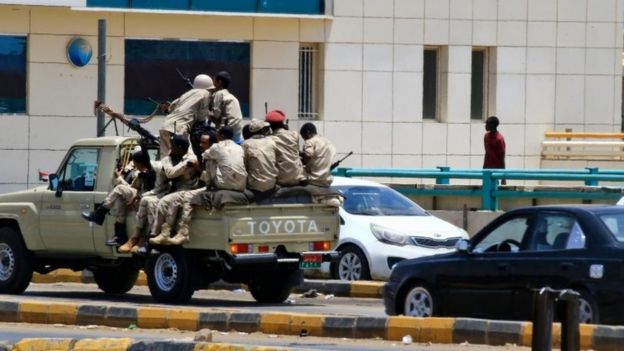 Sudanese security forces patrol on 6 June 2019 in Khartoum