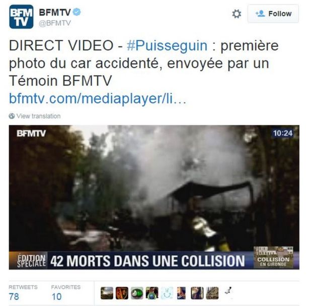 BFMTV tweets: DIRECT VIDEO - #Puisseguin : première photo du car accidenté, envoyée par un Témoin BFMTV
