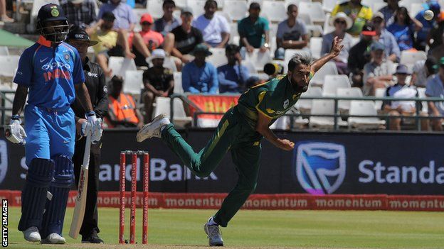 South Africa leg-spinner Imran Tahir bowls during an ODI against India