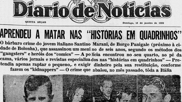 Reprodução da primeira página de uma edição de 1950 do Diário de Notícias, cuja manchete noticia o assassinato de uma criança pelo italiano Santino Marani