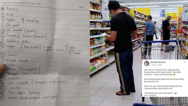 Men looking at lists in a supermarket aisle
