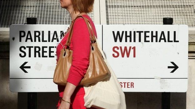 A pedestrian walking past a sign on Whitehall, London