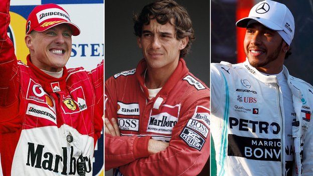 A split picture of Michael Schumacher, Ayrton Senna and Lewis Hamilton