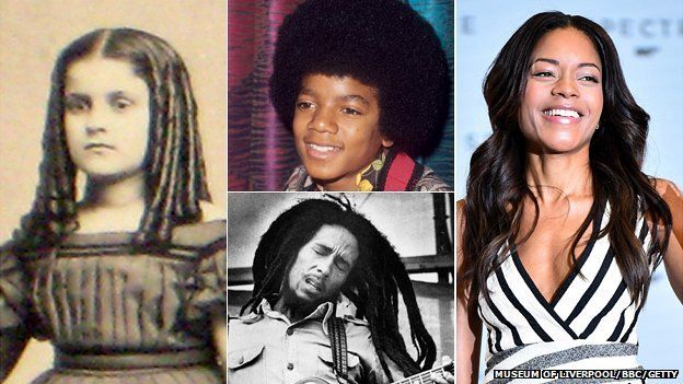 black or mixed race 19th century girl in ringlets, young Michael Jackson in afro, Bob Marley in dreadlocks and Naomie Harris