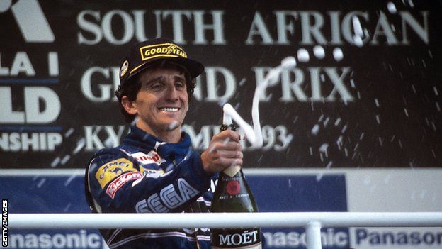 Alain Prost celebrating winning the 1993 South African Grand Prix