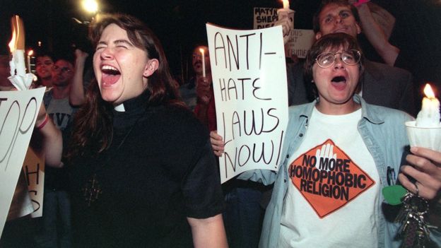 Two gay activists demonstrate in the streets of North Hollywood 12 October 1998